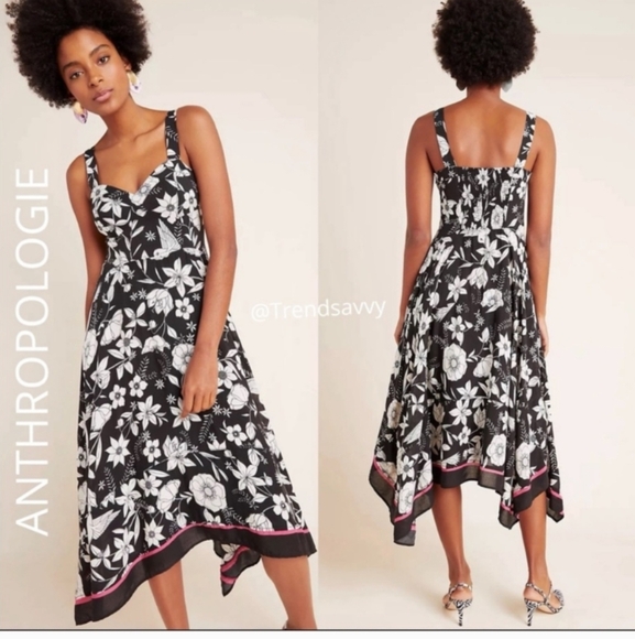 NWT ANTHROPOLOGIE BLACK MAEVE VIVIENNE SMOCKS FLORAL HANDKERCHIEF MAXI DRESS 12 - Picture 1 of 14